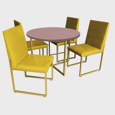 Imagem de Kit Mesa de Jantar Theo com 4 Cadeiras Sttan Ferro Dourado Tampo Rose Rosa Corino Amarelo - Ahz Móveis