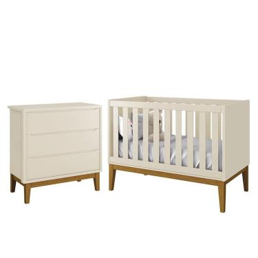 Imagem de Jogo de Quarto Infantil Cômoda 3 Gavetas e Berço Classic com Pés Amadeirado - Reller Móveis Areia Fosco