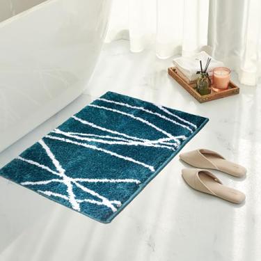 Imagem de Tititex Tapete de banheiro luxuoso com linha curva branca azul-petróleo, tapetes de banheiro de microfibra extra macios e absorventes, tapete de banho felpudo antiderrapante, tapetes de banho para