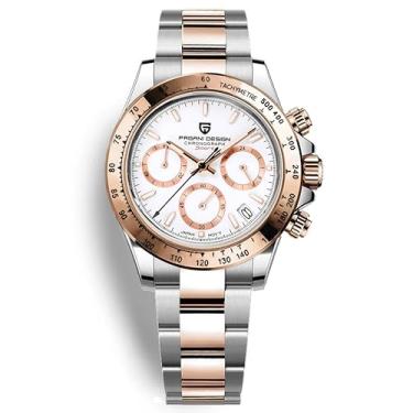 Imagem de Pagani Design PD1644 Relógio cronógrafo masculino de quartzo – Movimento VK63, cristal de safira, bisel arco-íris, aço inoxidável, relógio de pulso esportivo resistente à água 100 m, Ouro rosa 1644