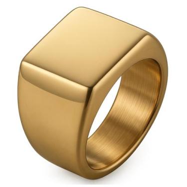Imagem de Anel Masculino Grande Titânio Ouro Sinete Quadrado Polido - CarrKEN,  
