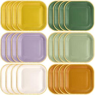 Imagem de Tiangrid 60 peças, pratos de papel para casamento, natureza, 18 cm, verde sálvia, roxo, descartáveis, pratos de sobremesa quadrados com borda dourada para aniversário, casamento, chá de bebê, artigos