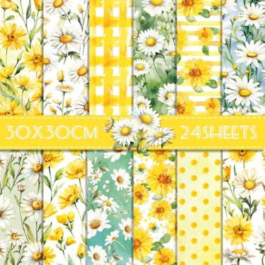 Imagem de Bloco de papel para scrapbook com 24 folhas de girassol e margarida - papel de diário de dupla face para fazer cartões, artesanato faça você mesmo e projetos de corte (12 designs, cartolina de 30 x 30