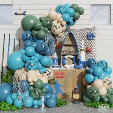 Imagem de Guirlanda de balões Gone Fishing 135 peças de balões azuis e verdes com balões impressos de peixe para chá de bebê de pesca ausente, decorações de festa de aniversário