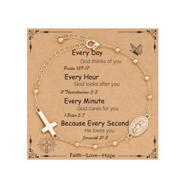 Imagem de VULETO Pulseira Católica Virgem Maria Cruz Presentes para Meninas Adolescentes Mulheres, Rosário Miçangas Charm Link Corrente Pulseira Natal Cristãs Joias Religiosas Presentes, one size, Sem Pedra