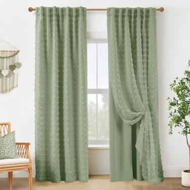 Imagem de Cortinas verde-sálvia escurecimento de quarto blackout peso leve Boho Pom Pom Pattern Farmhouse Cottage Core Cottagecore Cortinas para quarto sala de estar 213 cm de comprimento, 2 painéis