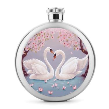 Imagem de Cantil de aço inoxidável, cisnes brancos com estampa de árvore floral, frasco de metal, clássico, cantil, garrafa de viagem, garrafa portátil de licor