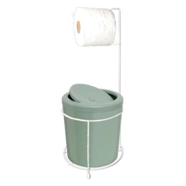 Imagem de Suporte Porta Papel Higiênico Branco Com Lixeira 5L Cesto Lixo Verde T