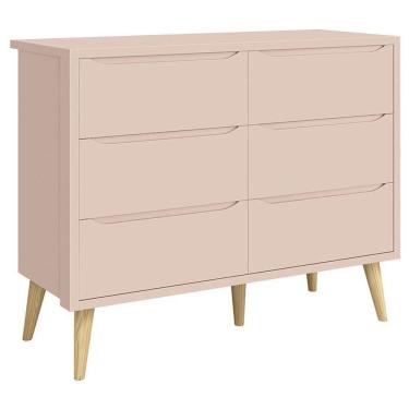 Imagem de Cômoda Infantil 6 Gavetas Retrô Theo Rosa Acetinado Com Pés Natural - Reller