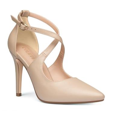 Imagem de COLETER Sapato social feminino de 10 cm bico fino D'Orsay salto alto salto alto cruzado tira no tornozelo, Damasco, 37