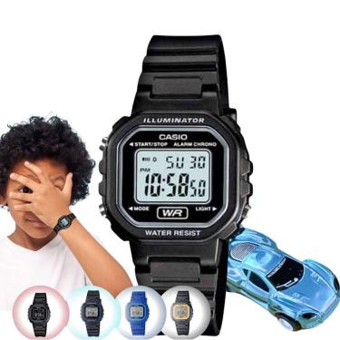 Imagem de Kit Relógio de Pulso Casio Infantil Masculino Resistente Água Calndário Alarme Digital LA-20WHS + Carrinho Miniatura