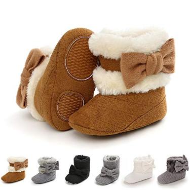 Imagem de Botas de inverno E-FAK Baby Girl com laço de neve, antiderrapante, sola macia, calor, recém-nascido, infantil, pré-caminhada, B/Brown, 6-12 Months Infant