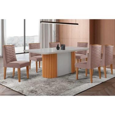 Imagem de Conjunto Sala de Jantar Pilar c/ Tampo Madeirado c/ Vidro Canto Curvo 180x90cm e 6 Cadeiras Dafne Madeira Maciça Naturale/Off White - Capuccino/Linho 