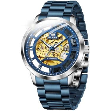 Imagem de OLEVS Relógio masculino automático esqueleto diamante luxuoso mecânico automático relógio de pulso à prova d'água luminoso, G6728: Pulseira azul e mostrador azul