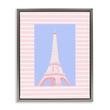 Imagem de Stupell Industries Torre Eiffel sobre listras cor-de-rosa cinza moldura floater tela arte design de parede por Pooja Dave, 30 x 25