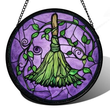 Imagem de AMDERVEN Vitral pendurado em vitral – decorações de Halloween, vassoura mágica de bruxa, apanhador de sol para portas, jardim, interior, engraçado, assustador, apanhadores de sol, decoração gótica