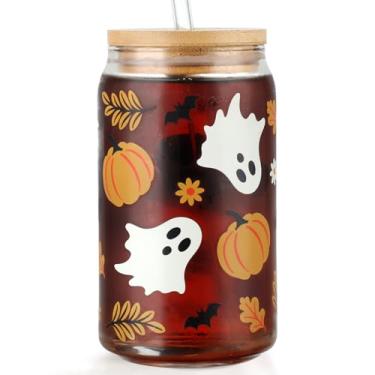 Imagem de Copo de vidro de Halloween, copos de café gelado fantasma de 473 ml com tampas e canudos, pote de lata de abóbora fofo de outono, copo, presentes de lata de cerveja, acessórios de café decorações