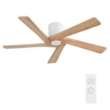 Imagem de WINGBO Ventiladores de teto CC de 122 cm de montagem embutida sem luzes, 5 lâminas de madeira maciça esculpida, motor CC reversível de 6 velocidades, ventilador de teto de baixo perfil, sem luzes para