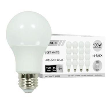 Imagem de GT-Lite Pacote com 16 lâmpadas LED, equivalente a 100 watts, formato A19 de 15 watts 3500K 1500lm, base média E26, lâmpada doméstica padrão para lâmpadas, sala de estar, quartos