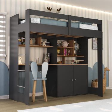 Imagem de Cama Alta Infantil Juvenil 2 Portas com Escrivaninha Multifuncional Zwork Yescasa Grafite/Nogal