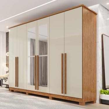 Imagem de Guarda-roupa Casal com Espelho 6 Portas 4 Gavetas com Pés 100% Mdf Zurique Cinamomo / Off White