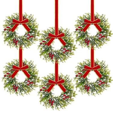 Imagem de 6 mini guirlandas de Natal de 25,4 cm com frutas vermelhas, guirlandas de armário para cozinha, guirlanda de Natal pequena com laço xadrez vermelho e preto, guirlanda de fazenda para decorações de