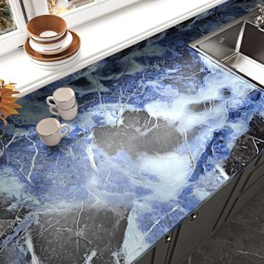 Imagem de WESTICK Papel de contato de granito espesso azul/preto para bancadas, papel de parede de mármore azul fosco autoadesivo para bancadas 40 x 203 cm