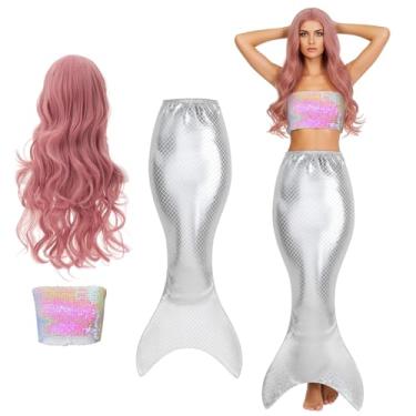 Imagem de Cindeer Fantasia feminina de sereia de Halloween, top curto de sereia de lantejoulas, top tubinho metálico sem alças, saia cauda, peruca encaracolada, Branco colorido, Small