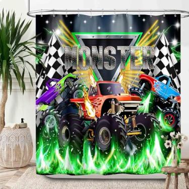 Imagem de Lnepty Cortinas de chuveiro infantis de carro de corrida, frota 3D, estádio, jogo, tema caminhão monstro, decoração de cortinas à prova d'água, conjunto de cortina de chuveiro de banheiro com ganchos