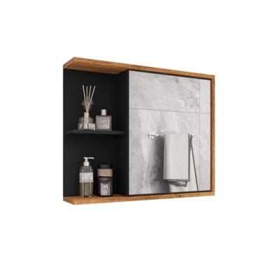 Imagem de Armário de Banheiro Aéreo com Espelho, Espelheira com Prateleira Removível para Organização(Preto/Ipê)