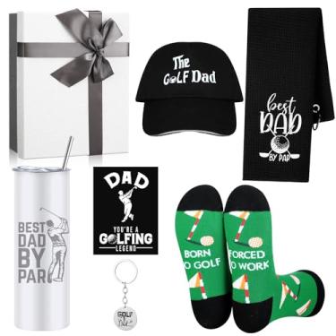 Imagem de Geiserailie 7 peças de presentes de golfe para homens, pai, com copo de 473 ml, chapéu de beisebol, meias, toalha, chaveiro, caixa de cartão para Natal, jogador de golfe, amante, amigo, treinador