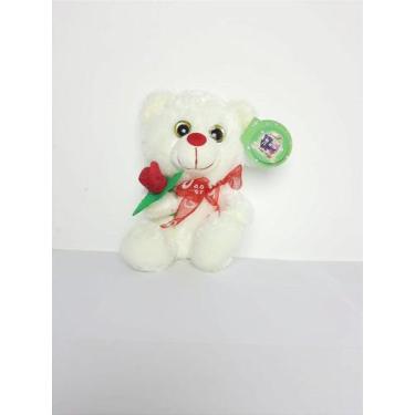 Imagem de Urso Cavalheiro do Amor Branco de Pelúcia 20 cm com Rosa Vermelha - 55