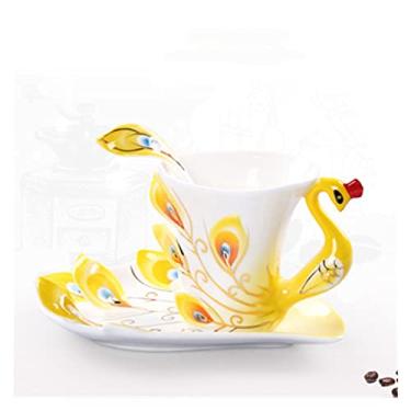 Imagem de GRFIT Caneca Criativa 3D Feita à Mão Porcelana Esmaltada Pavão Conjunto de Xícara de Café com Pires e Colher Copo de Água de Cerâmica Presentes Novidade (230ml) Caneca de Café (Cor: Amarelo, Tamanho