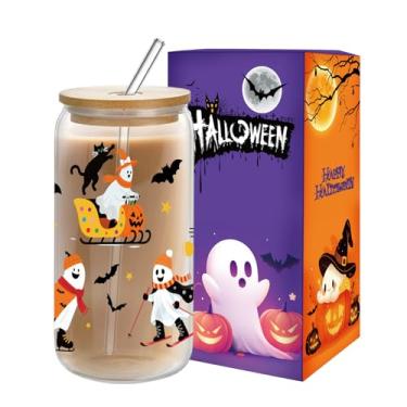 Imagem de Copos de vidro de Halloween de 473 ml com tampa e canudo - Copo de abóbora fantasma assustador e fofo copo de vidro para Halloween, xícara de café gelado de outono, para mulheres adolescentes