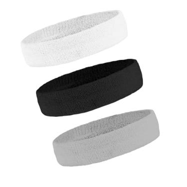 Imagem de Faixas de moletom esportivas – Faixas de cabeça para atletas – Homens e mulheres – elásticas e absorvem o suor de algodão e tecido felpudo para basquete, tênis, futebol, beisebol, corrida, exercícios e malhar, 3pk Blk-Gry-Wte