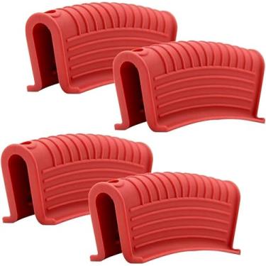 Imagem de 4 peças de suporte de alça de panela quente de silicone vermelho, capas de alça de frigideira quente, manga de frigideira, frigideiras de ferro fundido, antiderrapante, resistente a chapa esmaltada