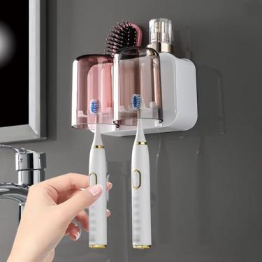 Imagem de Dispensador de pasta de dente com suporte de escova de dentes e copos de enxágue, organizador de banheiro montado na parede para escovas de dentes com suporte de escova de dentes para 2 xícaras