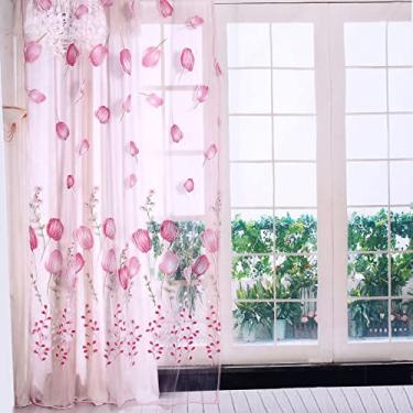 Imagem de Cortinas de tule com estampa de tulipas coloridas, drapeado transparente com requintado voile transparente para quarto, sala de estar, varanda (rosa)