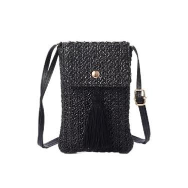 Imagem de Bolsa transversal de palha, bolsa de praia de palha para mulheres, bolsa transversal de ombro único, bolsa de viagem e praia, Preto, Preto