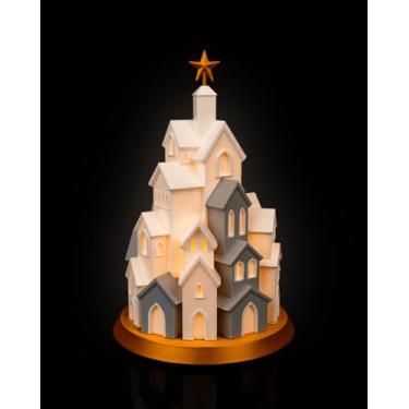 Imagem de Vila Natalina 3D Iluminada com LED, Decoração de Natal em Branco e Cinza, Base Dourada, Estrela no Topo, 19cm de Altura