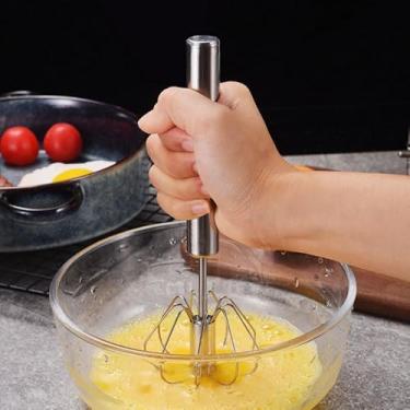 Imagem de Batedor de ovos de aço inoxidável portátil, batedor giratório de 30 cm, espumador de leite versátil, misturador manual para misturar, bater, mexer, prata