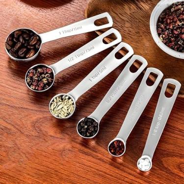 Imagem de Colheres de medição, conjunto de colheres de medição de aço inoxidável 18/8 premium resistente, colher de sopa pequena com medidas métricas e americanas, conjunto de 6 para medir ingredientes secos e