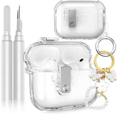 Imagem de Capa para Apple Airpods Pro 3 2025, capas magnéticas transparentes de bloqueio automático com suporte de telefone e kit de limpeza para Air pod Pro 3 gerações, iPods Pro 3 fones de ouvido chaveiro