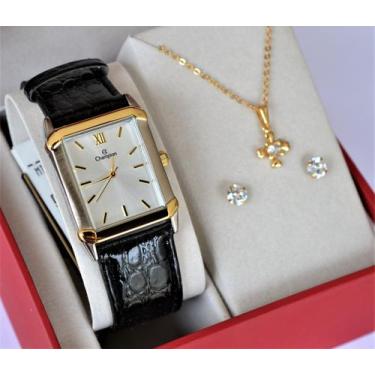 Imagem de Relogio champion misto quadrado couro ch22751w + kit semi joia