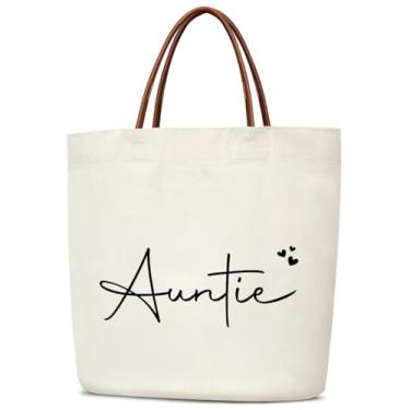 Imagem de mermermu Bolsa feminina de lona Auntie, presente de aniversário de Natal para tia, sacolas de compras de supermercado reutilizáveis estéticas com alças de couro, bolsa de ombro dobrável, bolsa de