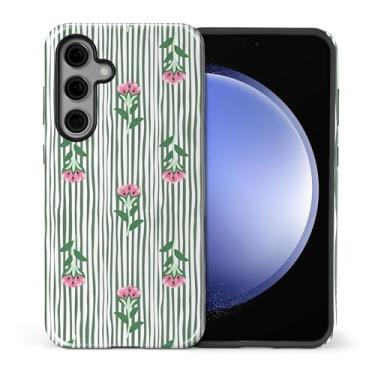 Imagem de Capa compatível com Samsung Galaxy S24 Plus, capa rígida híbrida de policarbonato de 2 camadas + capa protetora de silicone, listra verde e flor rosa resistente a arranhões à prova de choque para