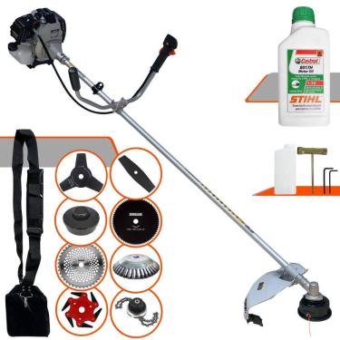 Imagem de Roçadeira Robusta Toyama TBC43-H À Gasolina 43cc 1,7HP Para Todos os Tipos de Trabalho Com Carretel de Nylon + Kit de 7 Opções de Cortes + ÓLEO STIHL