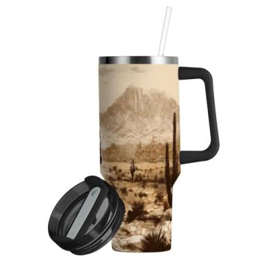Imagem de ATTX Copo caubói americano de 850 g com alça, copo de aço inoxidável a vácuo de parede dupla com palha, caneca de café isolada para viagem #687
