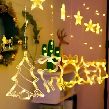 Imagem de Cascata em LED Formato em Estrela e Rena 8 Funções de Pisca para Cortina de Luz para Decorações de Natal 3,0 Metros Branco Quente