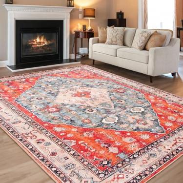 Imagem de HOJARUGG Tapete tribal boho, tapete grande para sala de estar, quarto, 15 x 23 cm, com suporte de borracha TPE antiderrapante, estampa vintage, lavável na máquina, para sala de jantar, escritório em